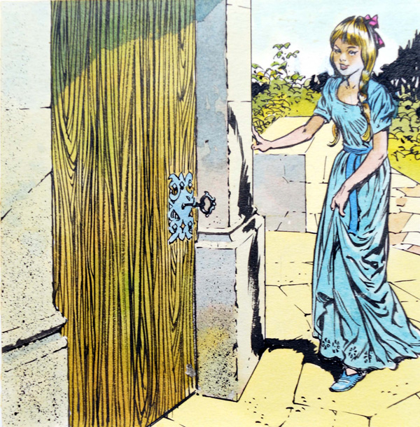 The Donkey Skin: Girl Approaches The Door (Original) by The Donkey Skin (Blasco) Art at The Illustration Art Gallery