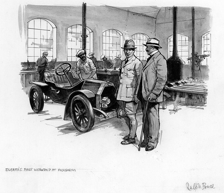 Bugatti's First Workshop at Molsheim (Original) (Signed) by Ralph Bruce Art at The Illustration Art Gallery