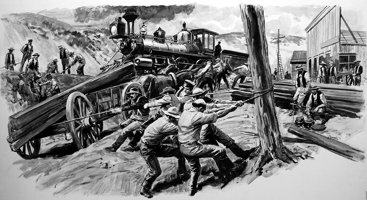 Building the Railway In Washington State (Original) (Signed) art by Cecil Doughty Art at The Illustration Art Gallery