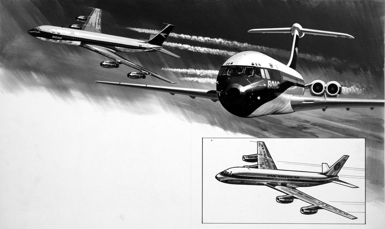 Boeing 707, BAC VC10 and Douglas DC8 (Original) art by Air (Wilf Hardy) at The Illustration Art Gallery