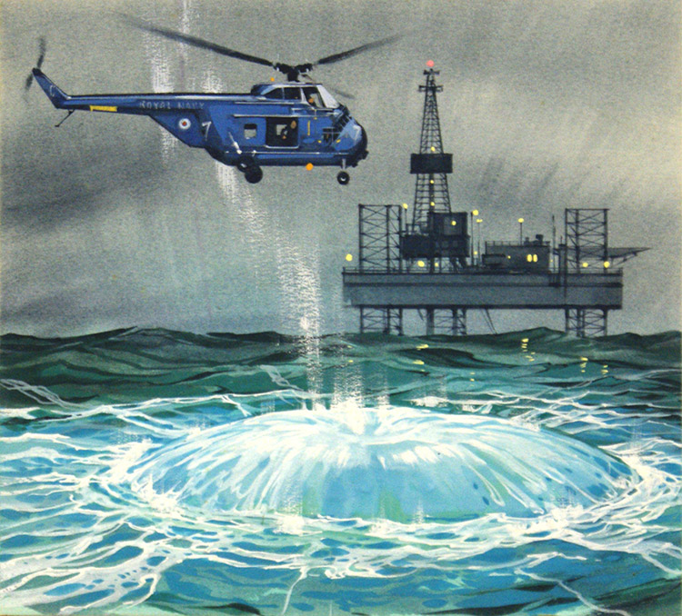 Helicopter & Oil Rig (Original) by Air (Wilf Hardy) at The Illustration Art Gallery