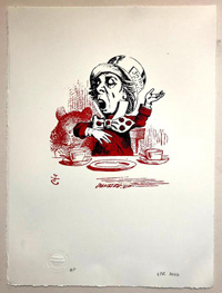 The Mad Hatter, singing a song, in red (Print) (Signed)
