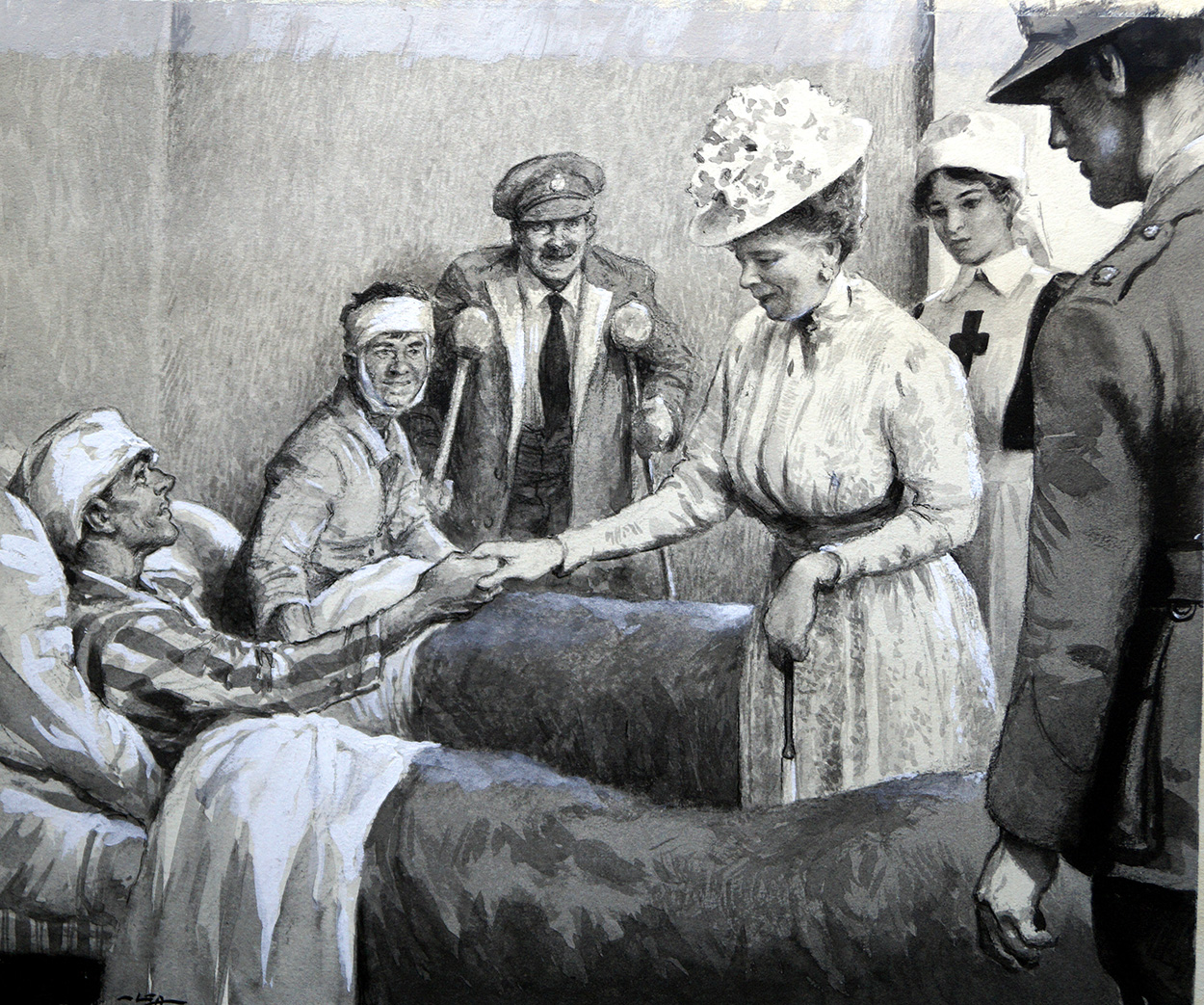 Queen Mary Visits the Wounded (Original) (Signed) art by Frank Marsden Lea Art at The Illustration Art Gallery