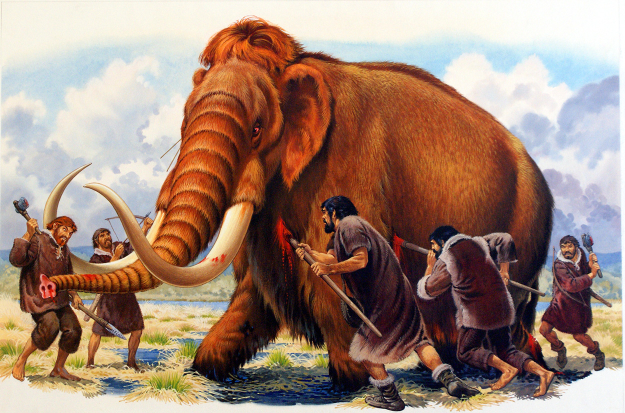 Early Hunters Attacking a Woolly Mammoth (Original) art by Bernard Long Art at The Illustration Art Gallery