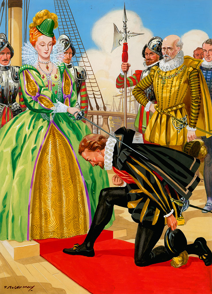Queen Elizabeth I Knights Sir Francis Drake (Original) (Signed) art by F Stocks May at The Illustration Art Gallery