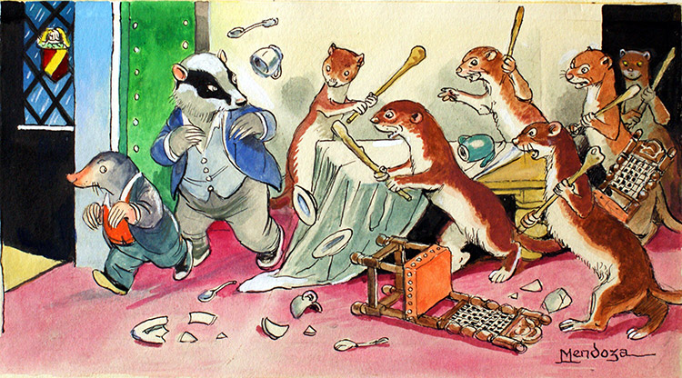 The Wind in the Willows: Badger and Mole battle the weasels (Original) (Signed) by Wind in the Willows (Mendoza) at The Illustration Art Gallery