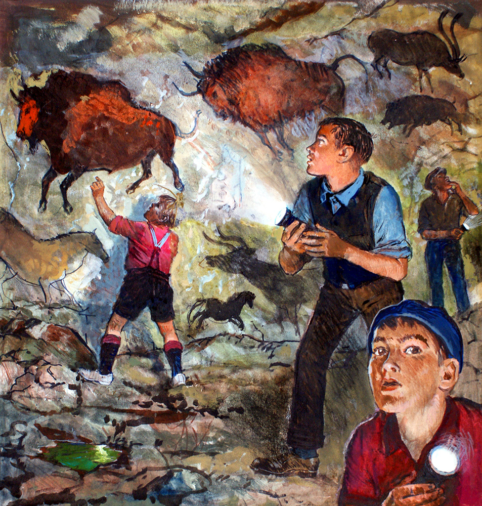Discovery of the Lascaux Cave Paintings (Original) art by Clive Uptton Art at The Illustration Art Gallery