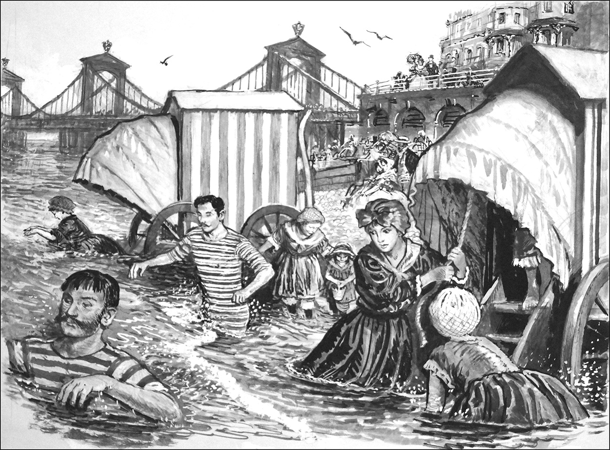 Victorian Bathing at Brighton (Original) art by Clive Uptton Art at The Illustration Art Gallery