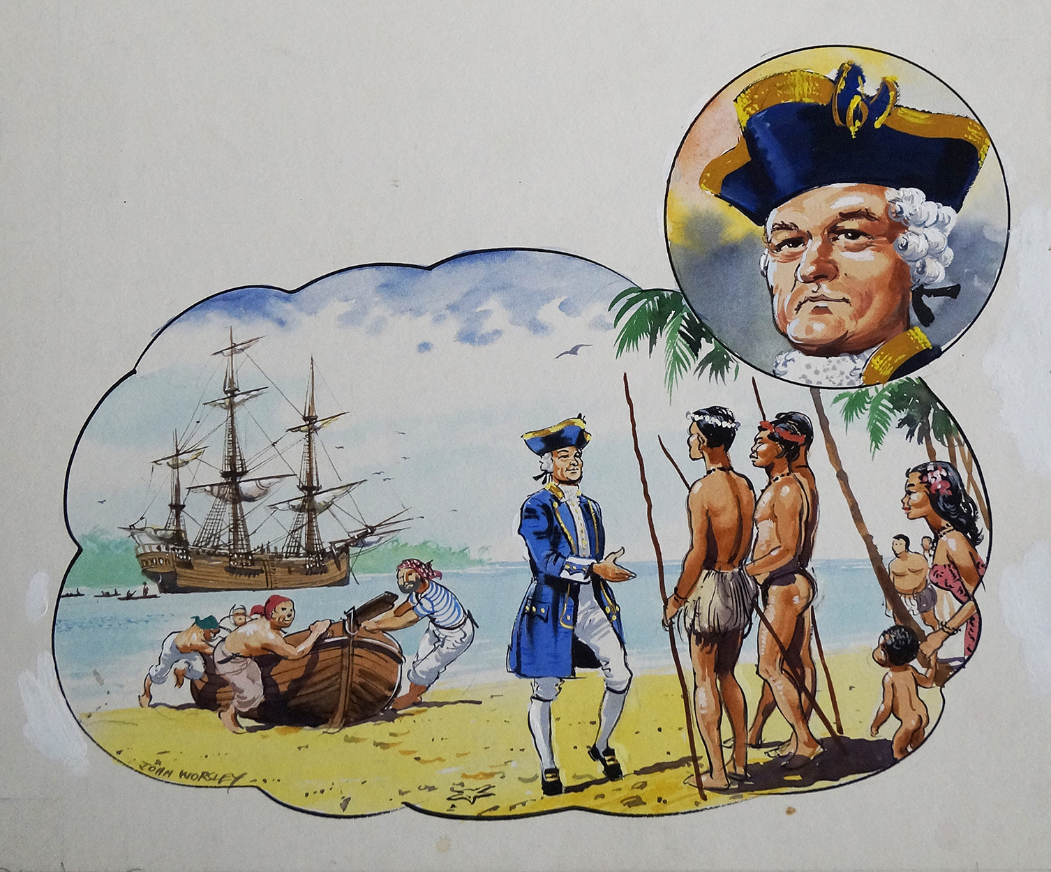 Captain Cook and HMS Endeavour (Original) (Signed) art by Wee Willie Winkie (Worsley) at The Illustration Art Gallery